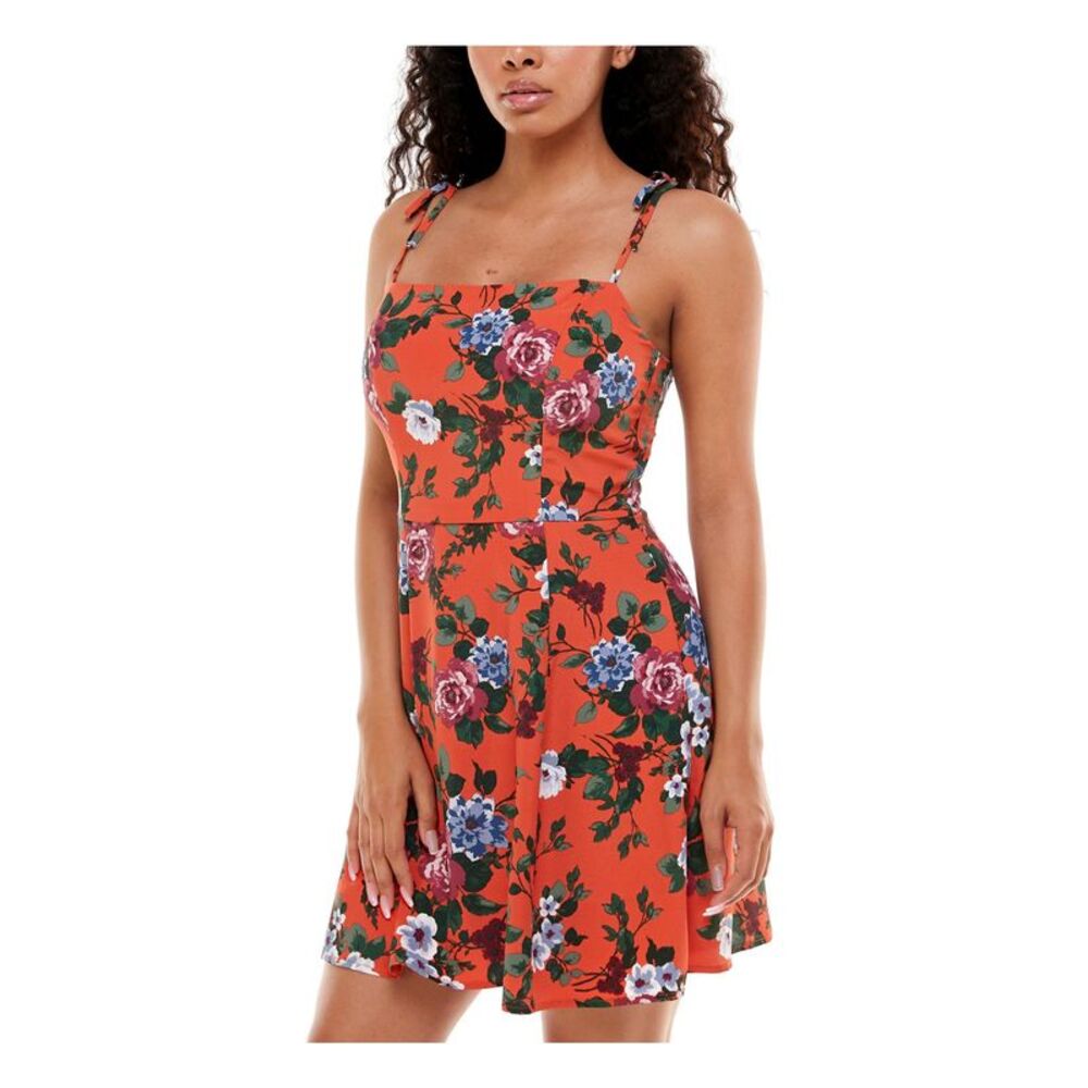 EMERALD SUNDAE Womens Fit + Flare Short Dress Spaghetti Strap Square Neck Party - Picture 3 of 4